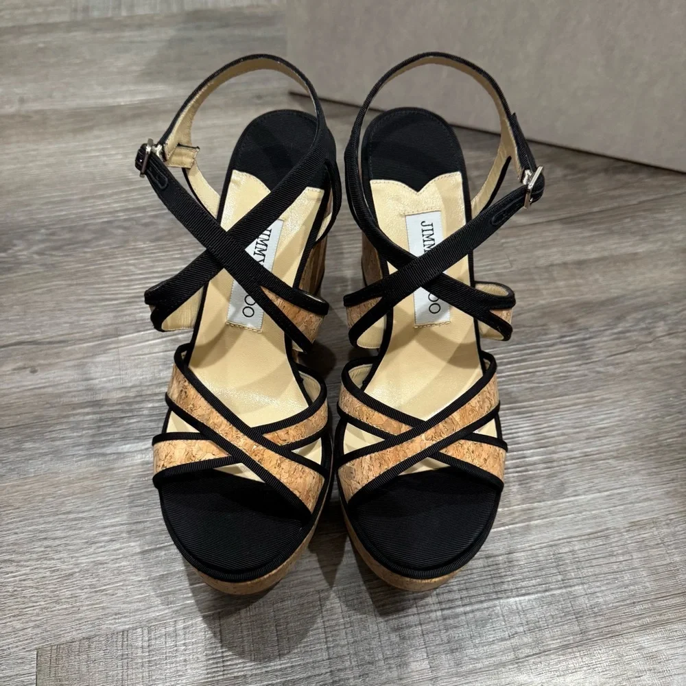 Jimmy Choo Alissa 120 Natural Black Cork Grossgrain Wedges